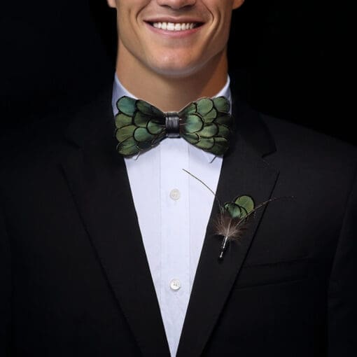 Emerald Noir Feather Bow Tie and Pin