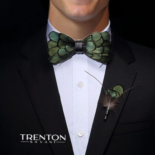 Emerald Noir Feather Bow Tie and Pin
