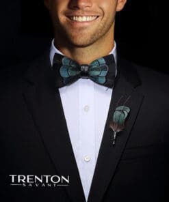 Emerald Twilight: Black & Green Feather Bow Tie & Pin