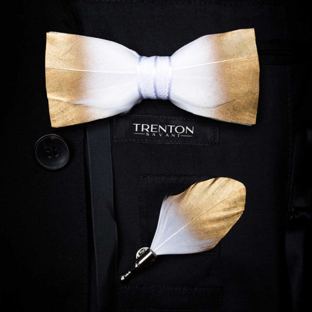 Halcyon Radiance – The Coronation Feather Bow Tie and Pin Set
