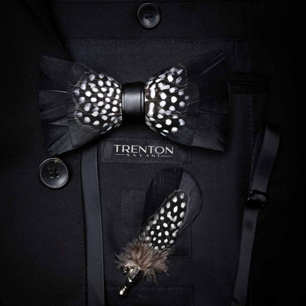 Midnight Waltz The Black & White Polka-Dotted Feather Bow Tie & Pin