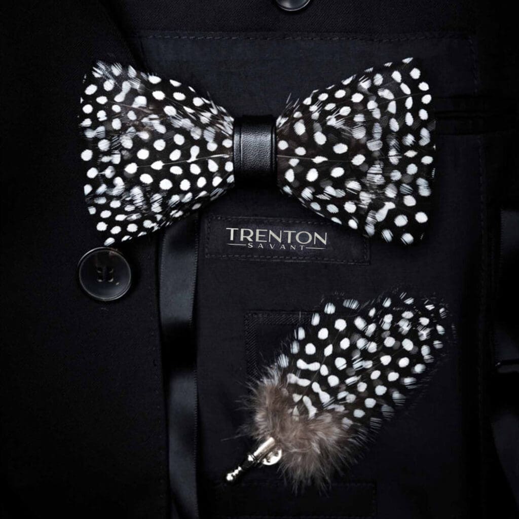 Monochrome Mystique – The Visionary Black and White Feather Bow Tie and Pin Ensemble