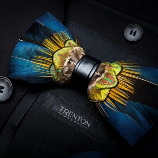 Sapphire Sunrise: The Blue & Yellow Feather Bow Tie & Pin