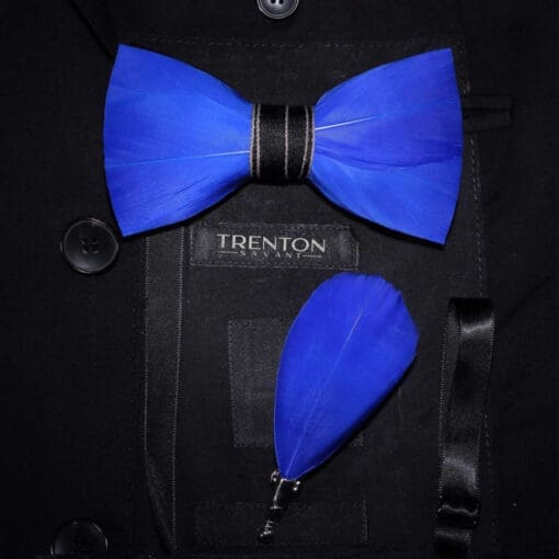 The Azure Allure Blue Feather Bowtie and Pin Ensemble
