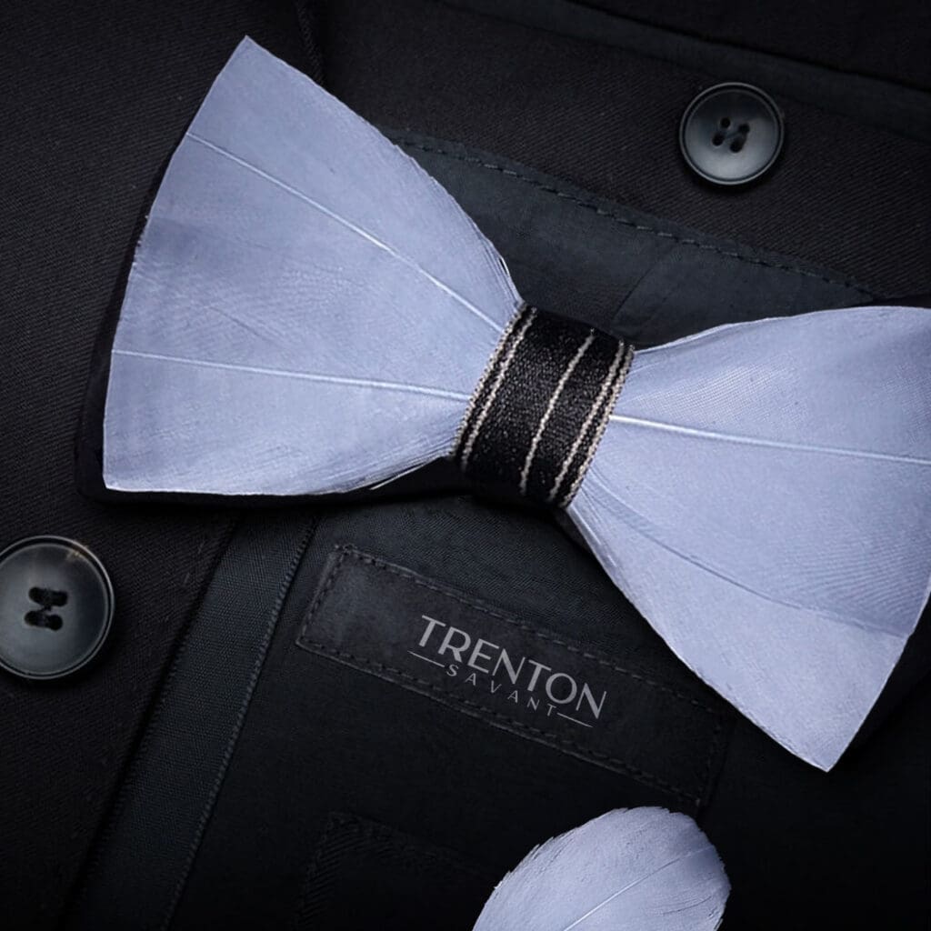The Celestial Quill - Solid Sky Blue - Grey Feather Bow Tie & Pin