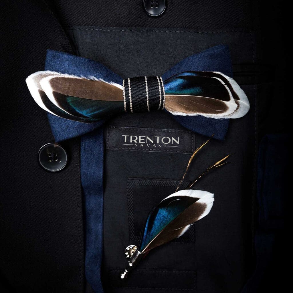 The Coastal Elegance - Blue, White, and Brown Feather Bow Tie & Pin
