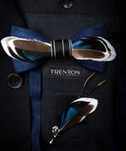 The Coastal Elegance - Blue, White, and Brown Feather Bow Tie & Pin