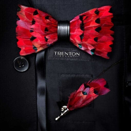 The Crimson Aviator: Red Finch Feather Bow Tie & Pin