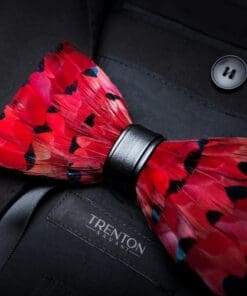 The Crimson Aviator: Red Finch Feather Bow Tie & Pin