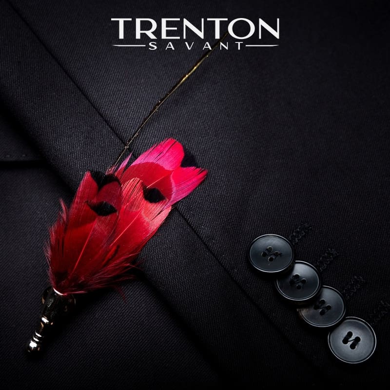 The Crimson Aviator: Red Finch Feather Bow Tie & Pin
