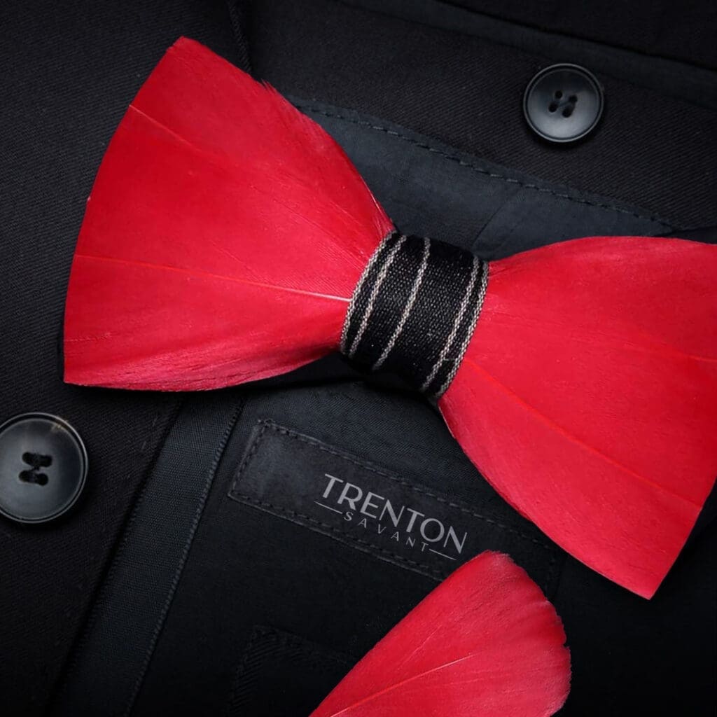 The Crimson Charisma Red Feather Bowtie and Pin Ensemble