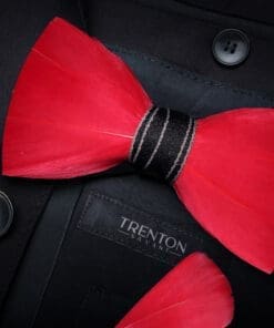 The Crimson Charisma Red Feather Bowtie and Pin Ensemble