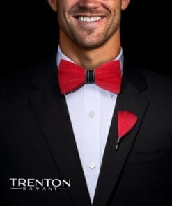 The Crimson Charisma Red Feather Bowtie and Pin Ensemble