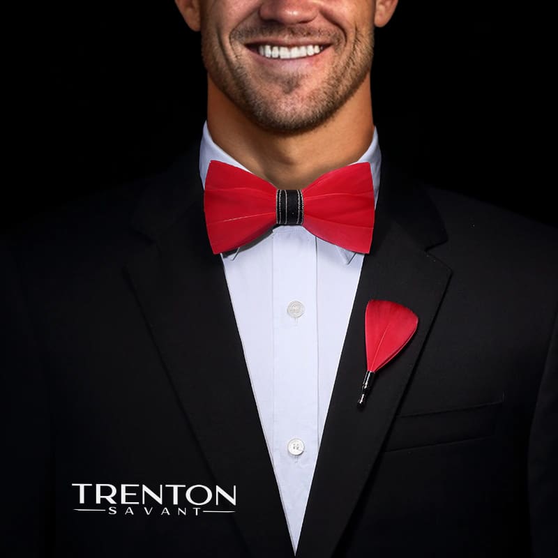 The Crimson Charisma Red Feather Bowtie and Pin Ensemble