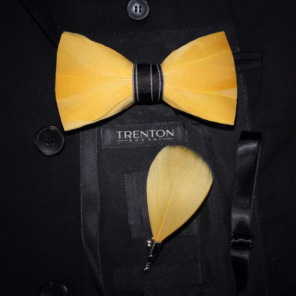 The Golden Flair - Canary Yellow Feather Bow Tie & Pin