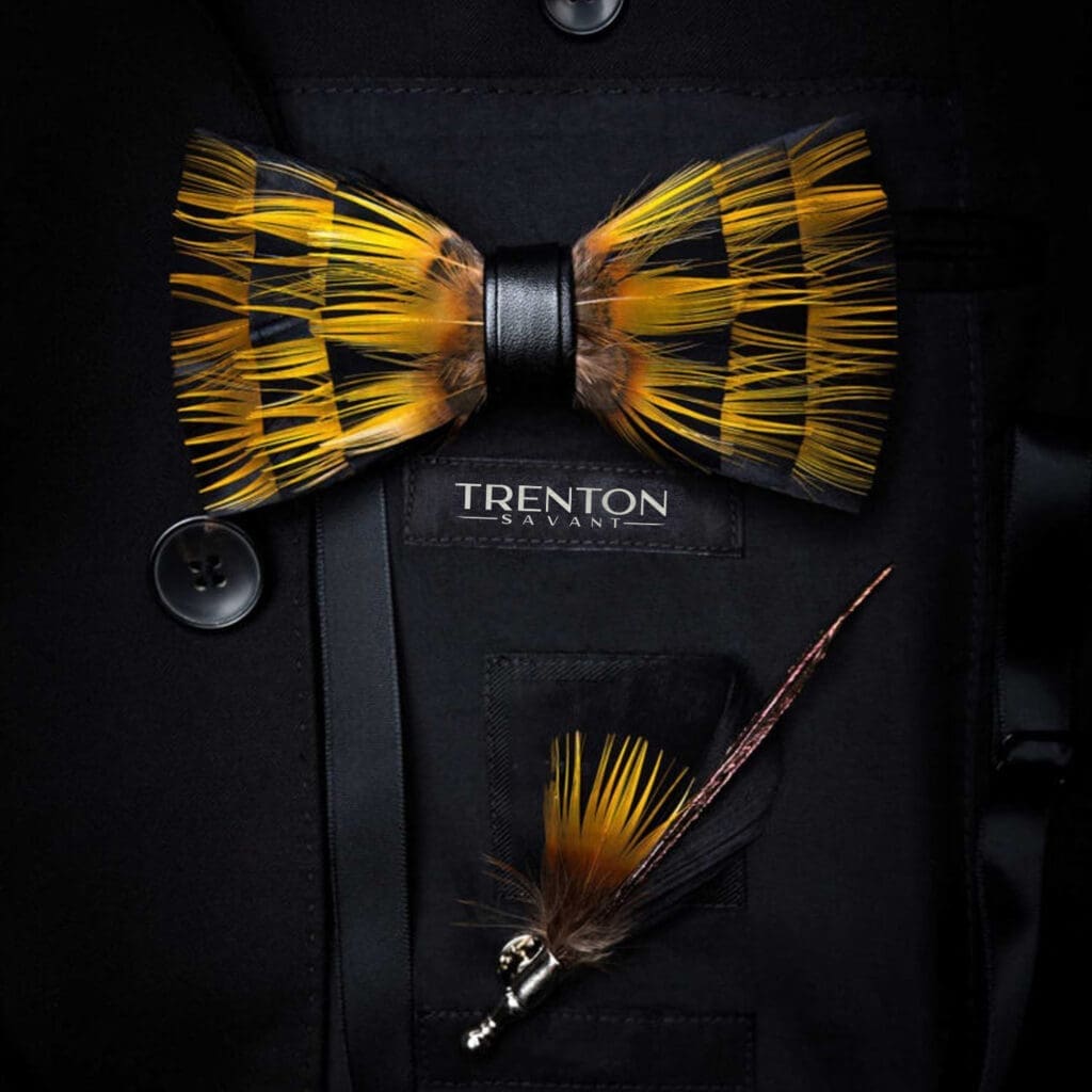 The Horizon's Embrace Golden Sunset Feather Bow Tie & Pin