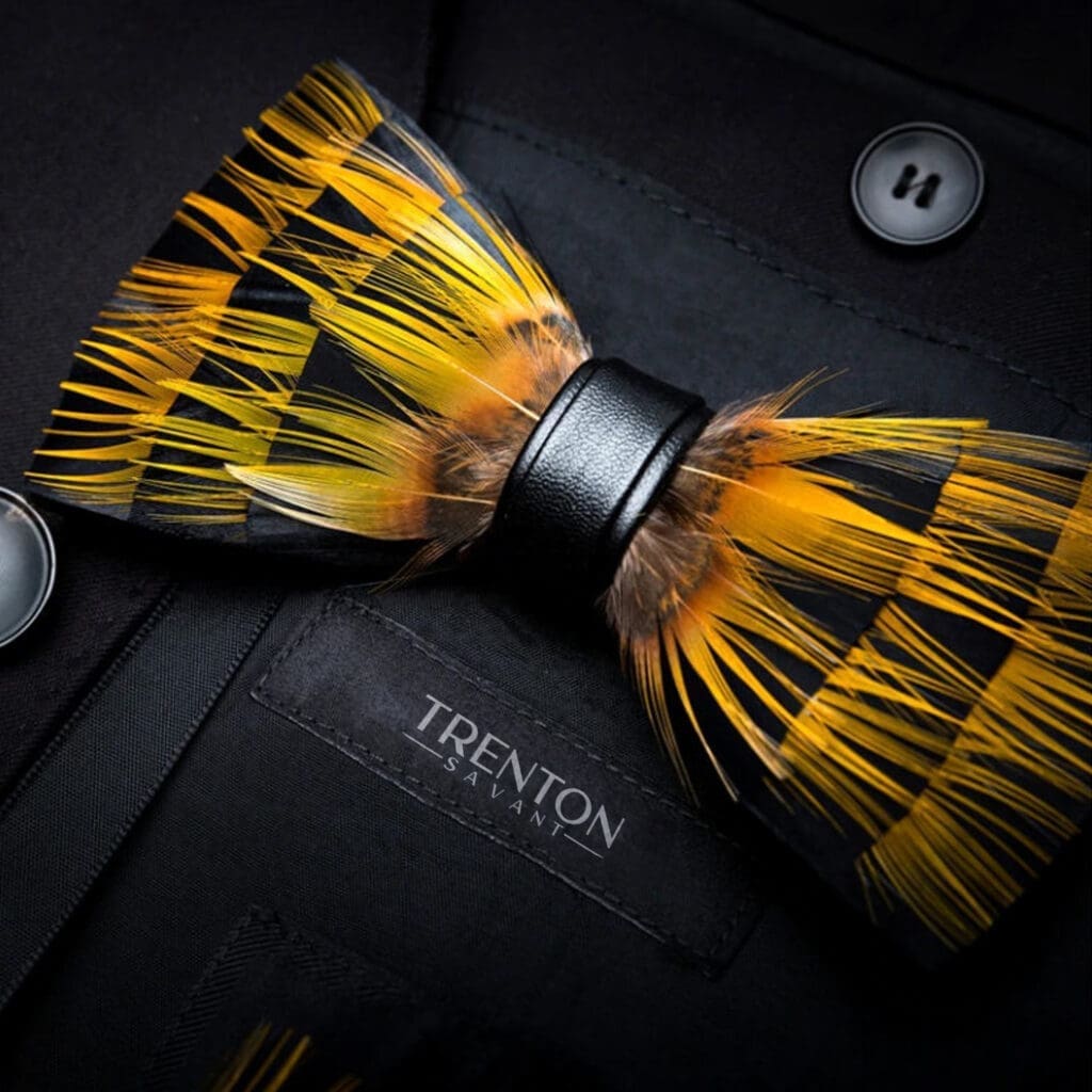 The Horizon's Embrace Golden Sunset Feather Bow Tie & Pin