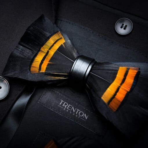 The Nightfall Tango Black and Orange Striped Feather Bow Tie & Pin
