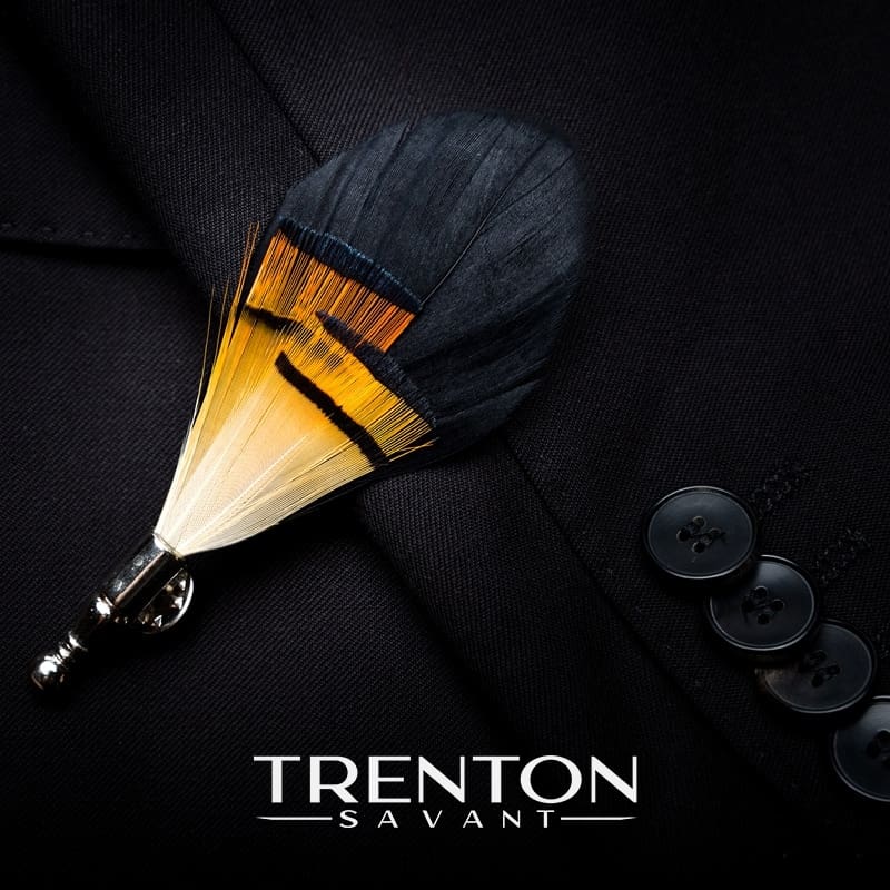 The Nightfall Tango Black and Orange Striped Feather Bow Tie & Pin