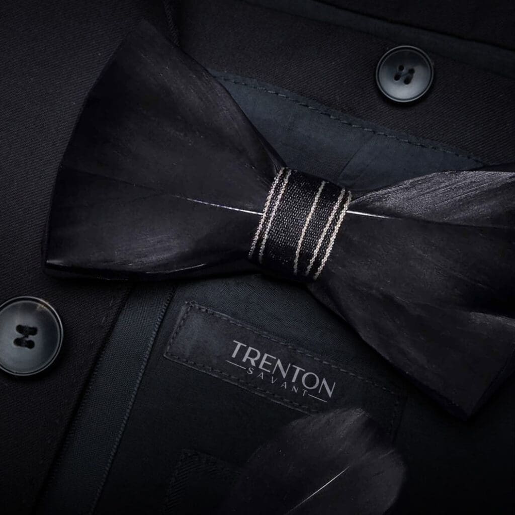 The Noir Majesty Feather Bowtie and Pin Ensemble