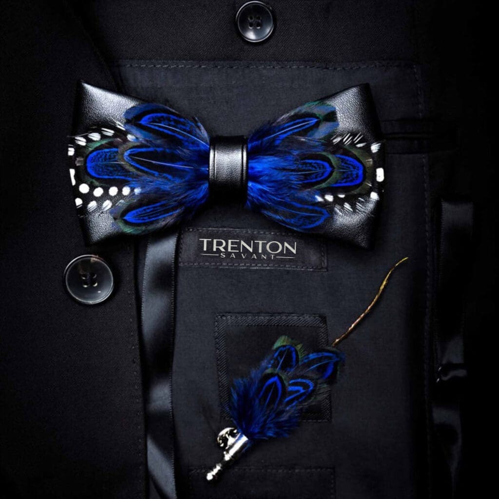 The Ocean Gala - Deep Blue with Green and Polka-Dotted Trim Feather Bow Tie & Pin