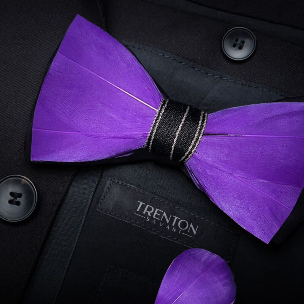 The Royal Plumage Purple Feather Bowtie and Pin Ensemble