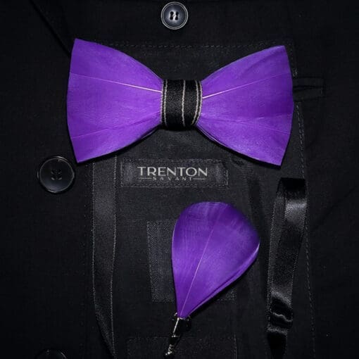 The Royal Plumage Purple Feather Bowtie and Pin Ensemble