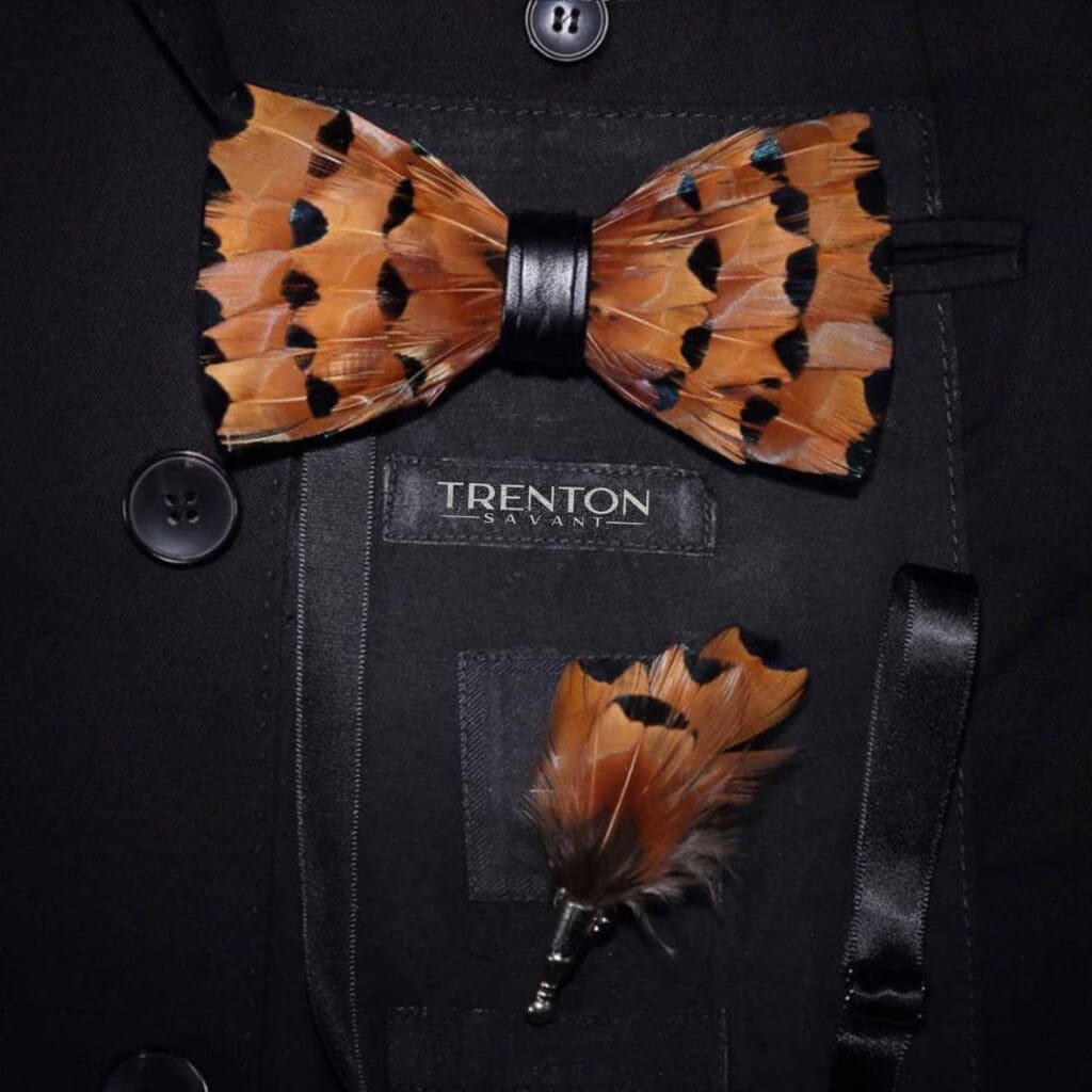 Whispering Woods: Brown & Black Tipped Feather Bow Tie & Pin