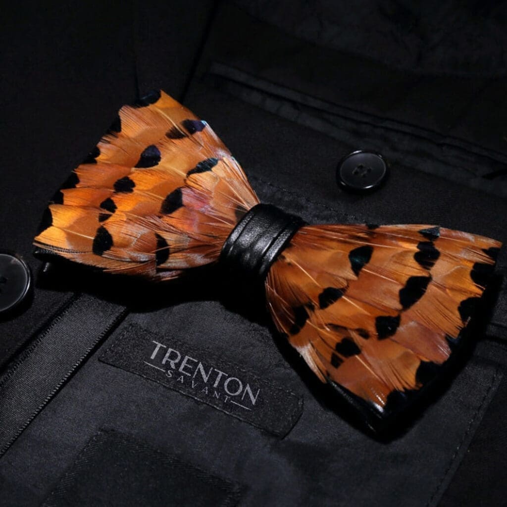 Whispering Woods: Brown & Black Tipped Feather Bow Tie & Pin